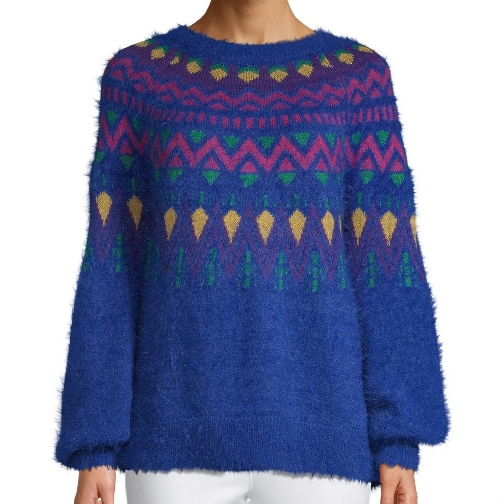 Fair Isle Fuzzy Rainbow Geometric Sweater Womens XL Time&Tru Royal Spice Combo